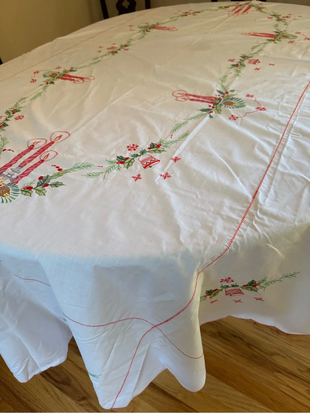 Embroidered White Holiday Tablecloth with Red & Green Accents Vintage Christmas